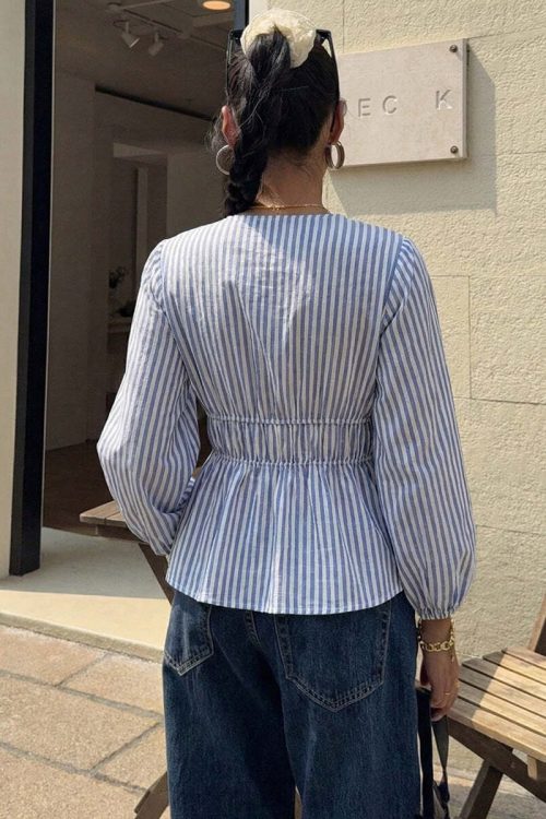 Elegant Stripe Long Sleeve Tie Blouse