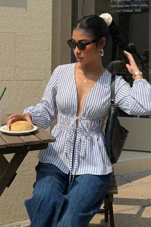 Elegant Stripe Long Sleeve Tie Blouse