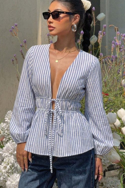 Elegant Stripe Long Sleeve Tie Blouse