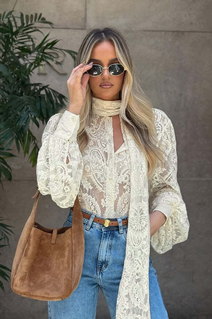 Elegant Tie Sheer Lace Long Sleeve Blouse