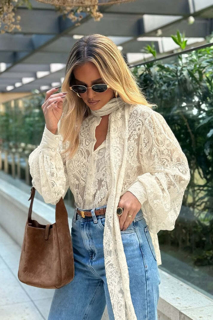 Elegant Tie Sheer Lace Long Sleeve Blouse Elegant Tie Sheer Lace Long Sleeve Blouse