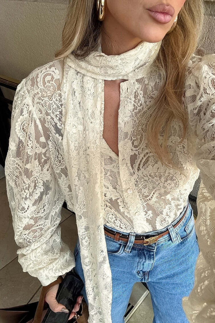 Elegant Tie Sheer Lace Long Sleeve Blouse Elegant Tie Sheer Lace Long Sleeve Blouse