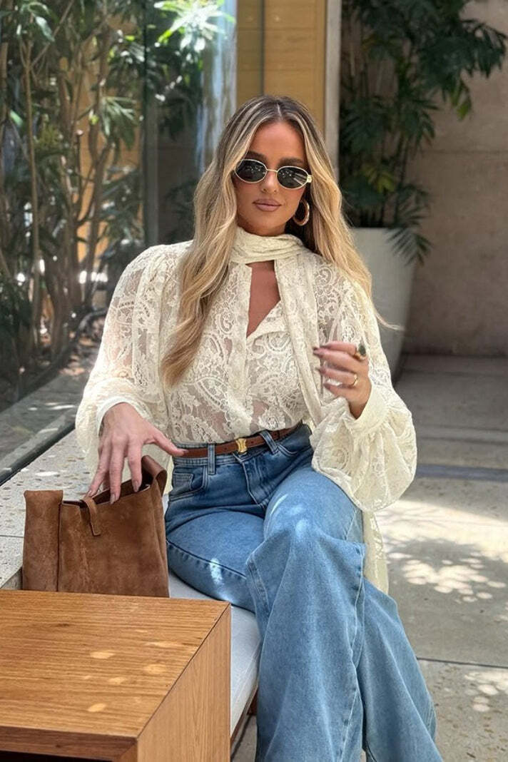 Elegant Tie Sheer Lace Long Sleeve Blouse Elegant Tie Sheer Lace Long Sleeve Blouse