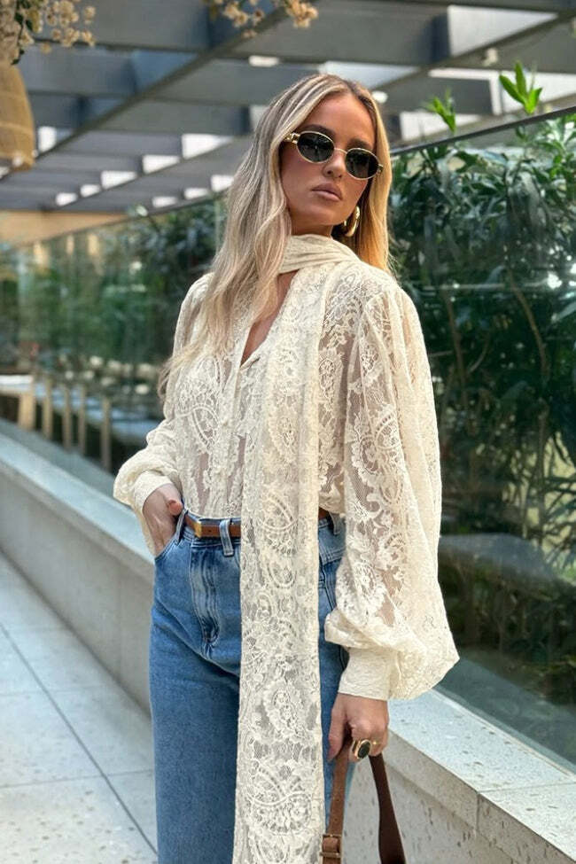 Elegant Tie Sheer Lace Long Sleeve Blouse Elegant Tie Sheer Lace Long Sleeve Blouse