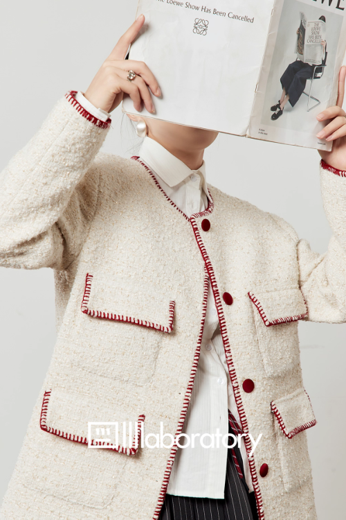 Elegant Tweed Jacket / Striped Pleated Skirt / White Long-Sleeve Shirt