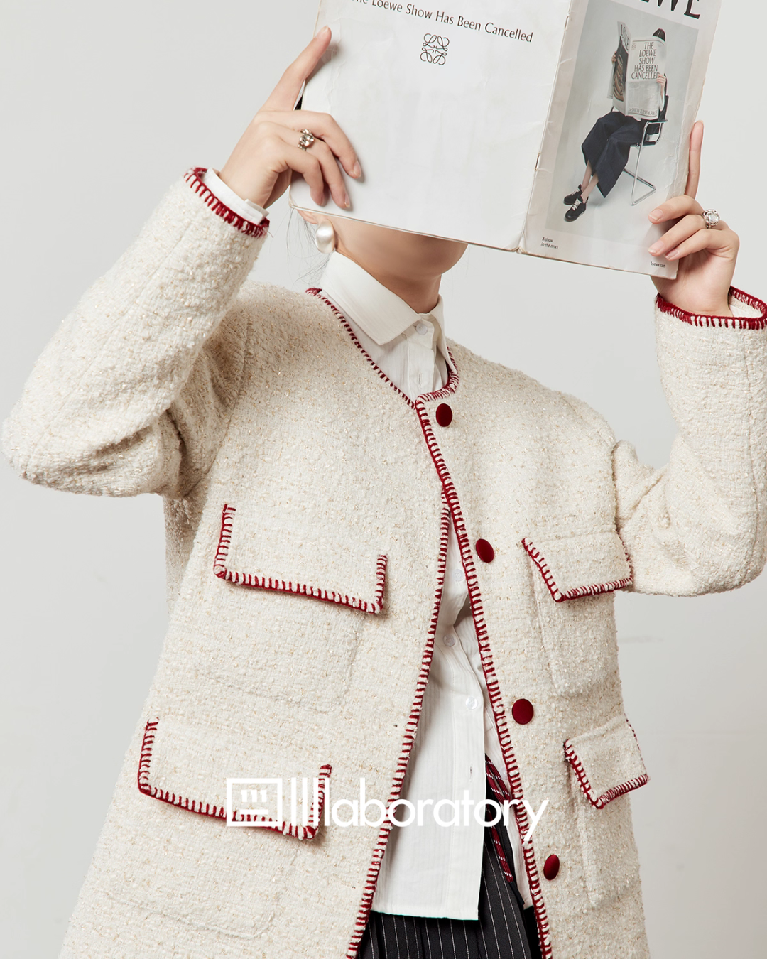 Elegant Tweed Jacket / Striped Pleated Skirt / White Long-Sleeve Shirt Elegant Tweed Jacket / Striped Pleated Skirt / White Long-Sleeve Shirt