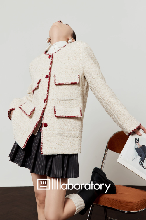 Elegant Tweed Jacket / Striped Pleated Skirt / White Long-Sleeve Shirt