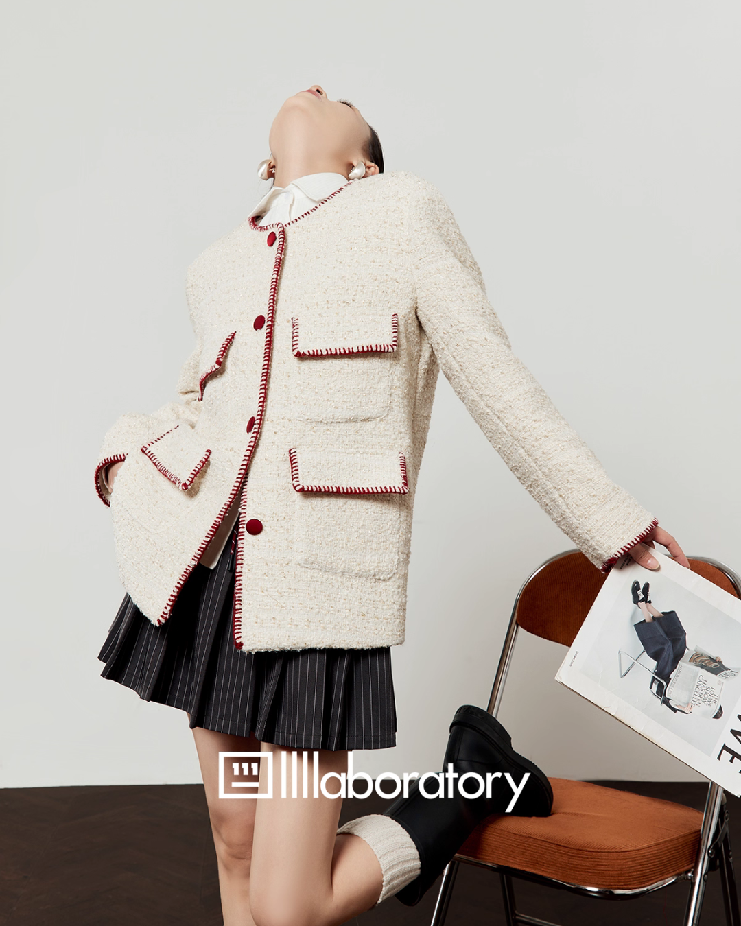 Elegant Tweed Jacket / Striped Pleated Skirt / White Long-Sleeve Shirt Elegant Tweed Jacket / Striped Pleated Skirt / White Long-Sleeve Shirt