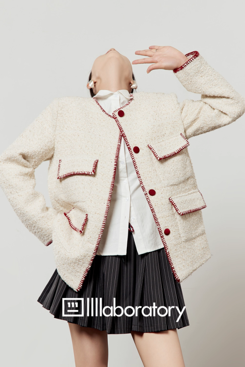 Elegant Tweed Jacket / Striped Pleated Skirt / White Long-Sleeve Shirt