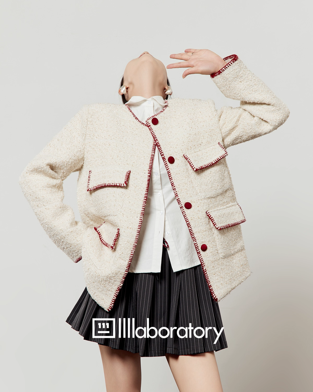 Elegant Tweed Jacket / Striped Pleated Skirt / White Long-Sleeve Shirt Elegant Tweed Jacket / Striped Pleated Skirt / White Long-Sleeve Shirt