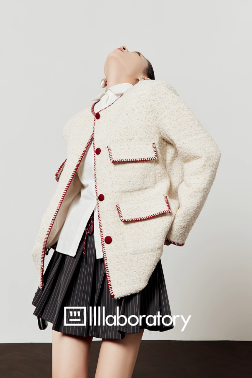 Elegant Tweed Jacket / Striped Pleated Skirt / White Long-Sleeve Shirt