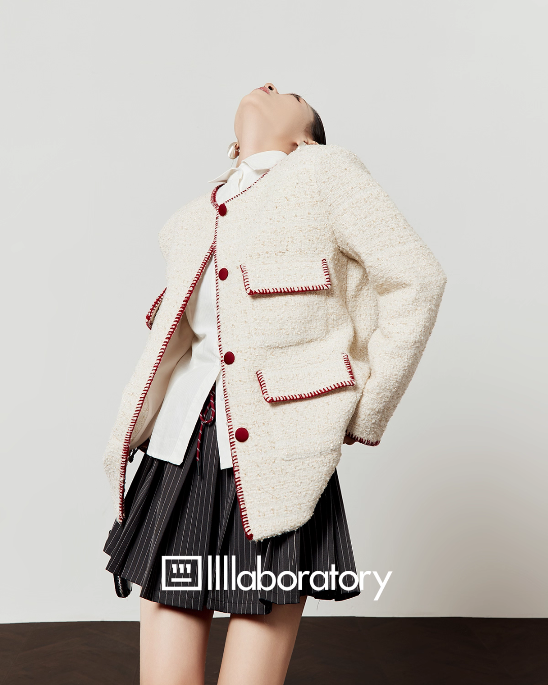 Elegant Tweed Jacket / Striped Pleated Skirt / White Long-Sleeve Shirt Elegant Tweed Jacket / Striped Pleated Skirt / White Long-Sleeve Shirt