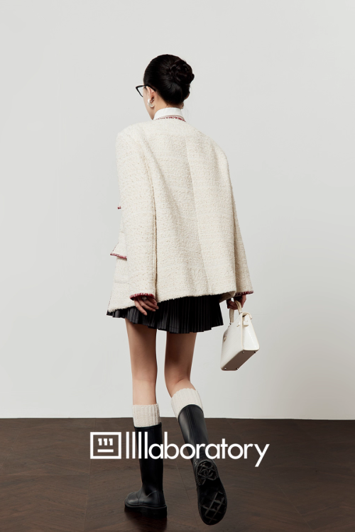 Elegant Tweed Jacket / Striped Pleated Skirt / White Long-Sleeve Shirt