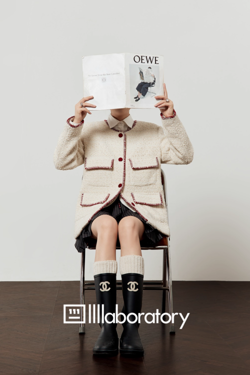 Elegant Tweed Jacket / Striped Pleated Skirt / White Long-Sleeve Shirt