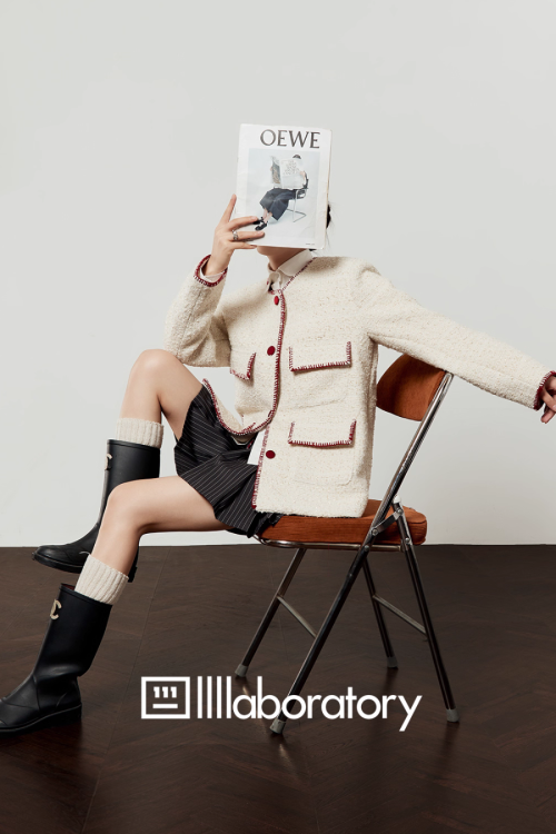 Elegant Tweed Jacket / Striped Pleated Skirt / White Long-Sleeve Shirt