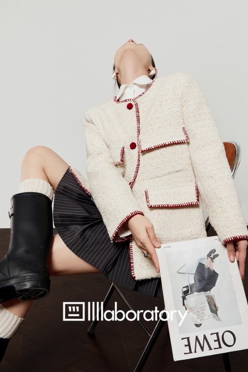 Elegant Tweed Jacket / Striped Pleated Skirt / White Long-Sleeve Shirt