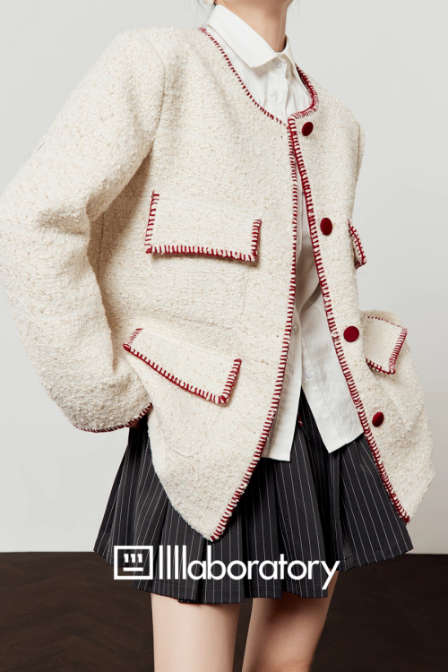 Elegant Tweed Jacket / Striped Pleated Skirt / White Long-Sleeve Shirt