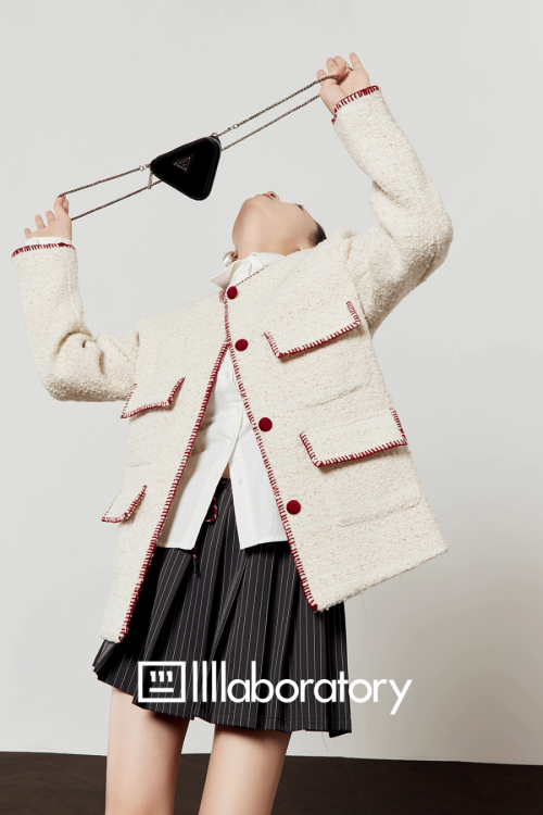 Elegant Tweed Jacket / Striped Pleated Skirt / White Long-Sleeve Shirt