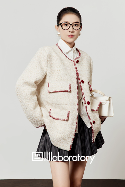 Elegant Tweed Jacket / Striped Pleated Skirt / White Long-Sleeve Shirt