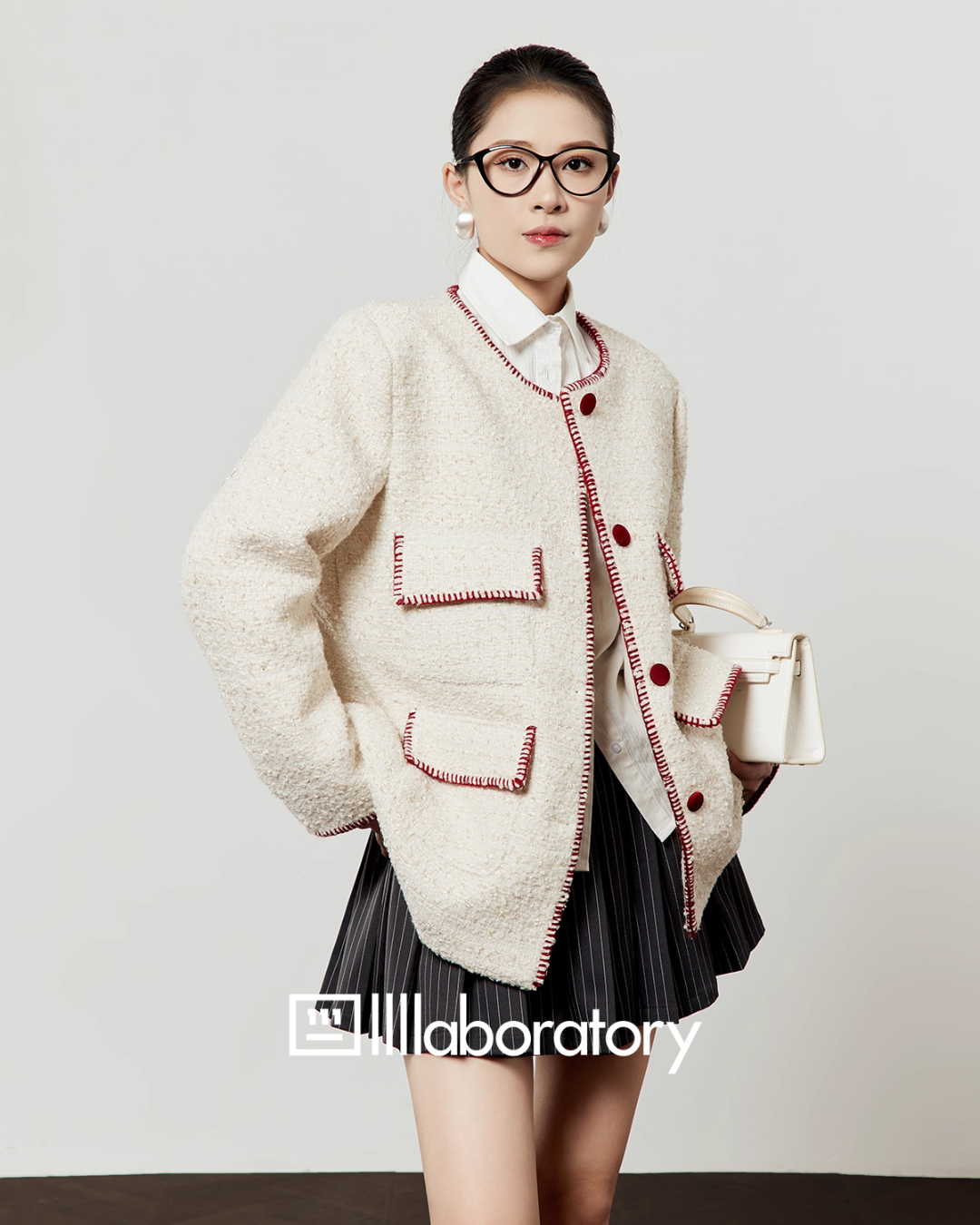 Elegant Tweed Jacket / Striped Pleated Skirt / White Long-Sleeve Shirt Elegant Tweed Jacket / Striped Pleated Skirt / White Long-Sleeve Shirt