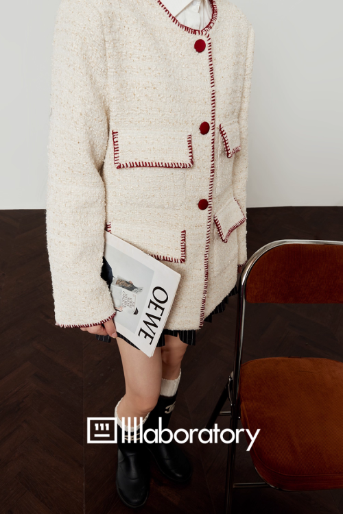 Elegant Tweed Jacket / Striped Pleated Skirt / White Long-Sleeve Shirt