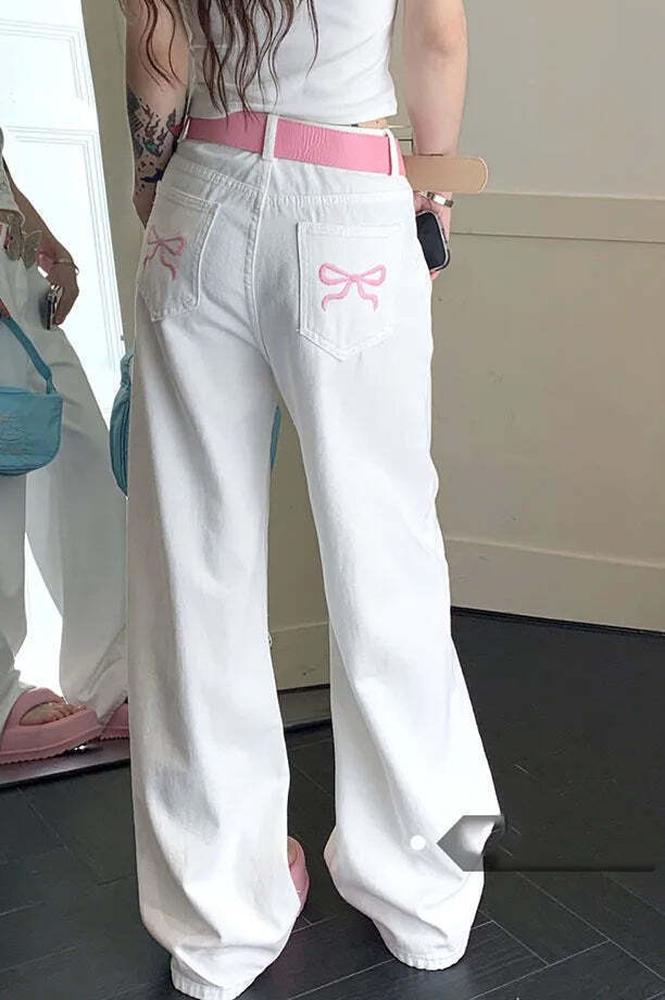 Embroidered Pink Bow Wide Leg Jeans Embroidered Pink Bow Wide Leg Jeans
