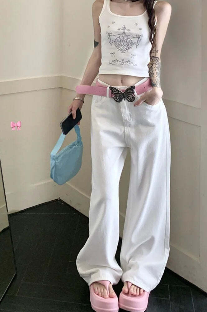 Embroidered Pink Bow Wide Leg Jeans Embroidered Pink Bow Wide Leg Jeans