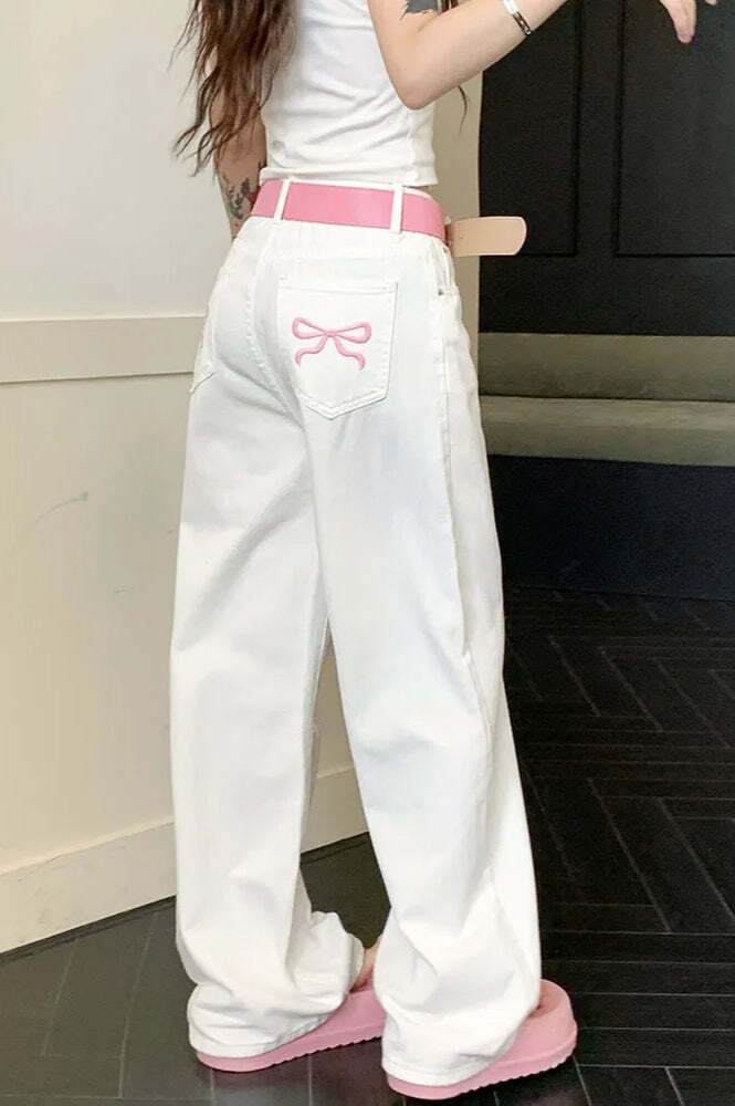 Embroidered Pink Bow Wide Leg Jeans Embroidered Pink Bow Wide Leg Jeans