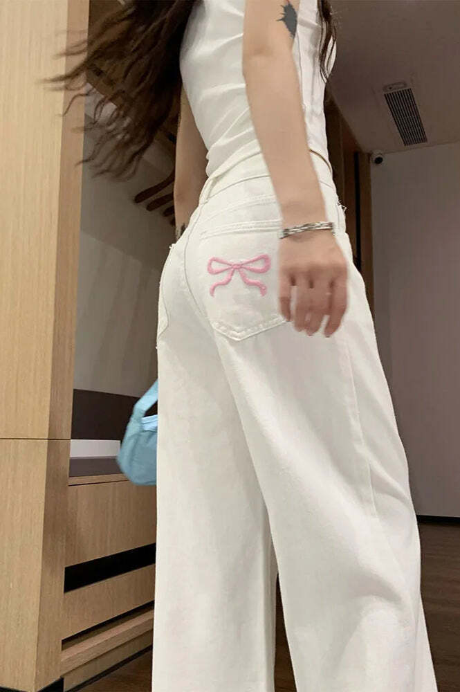 Embroidered Pink Bow Wide Leg Jeans Embroidered Pink Bow Wide Leg Jeans