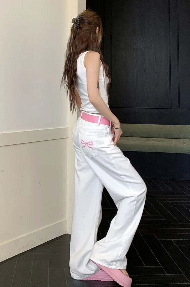 Embroidered Pink Bow Wide Leg Jeans Embroidered Pink Bow Wide Leg Jeans