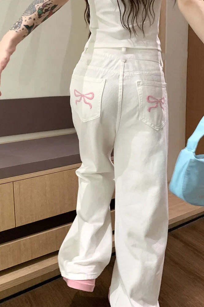Embroidered Pink Bow Wide Leg Jeans Embroidered Pink Bow Wide Leg Jeans