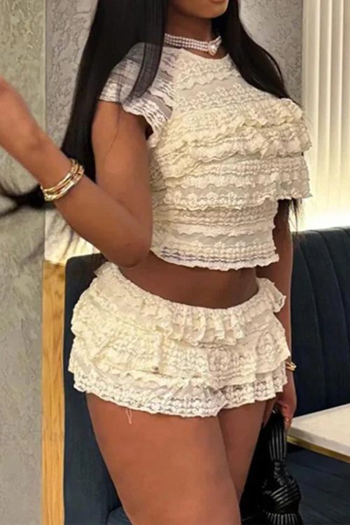 Fairy Coquette Outfits Lace Layered Ruffles Tank Tops + Mini Cake Shorts 2000s Retro Kawaii 2 Piece Set Y2K Aesthetic Crop Tops