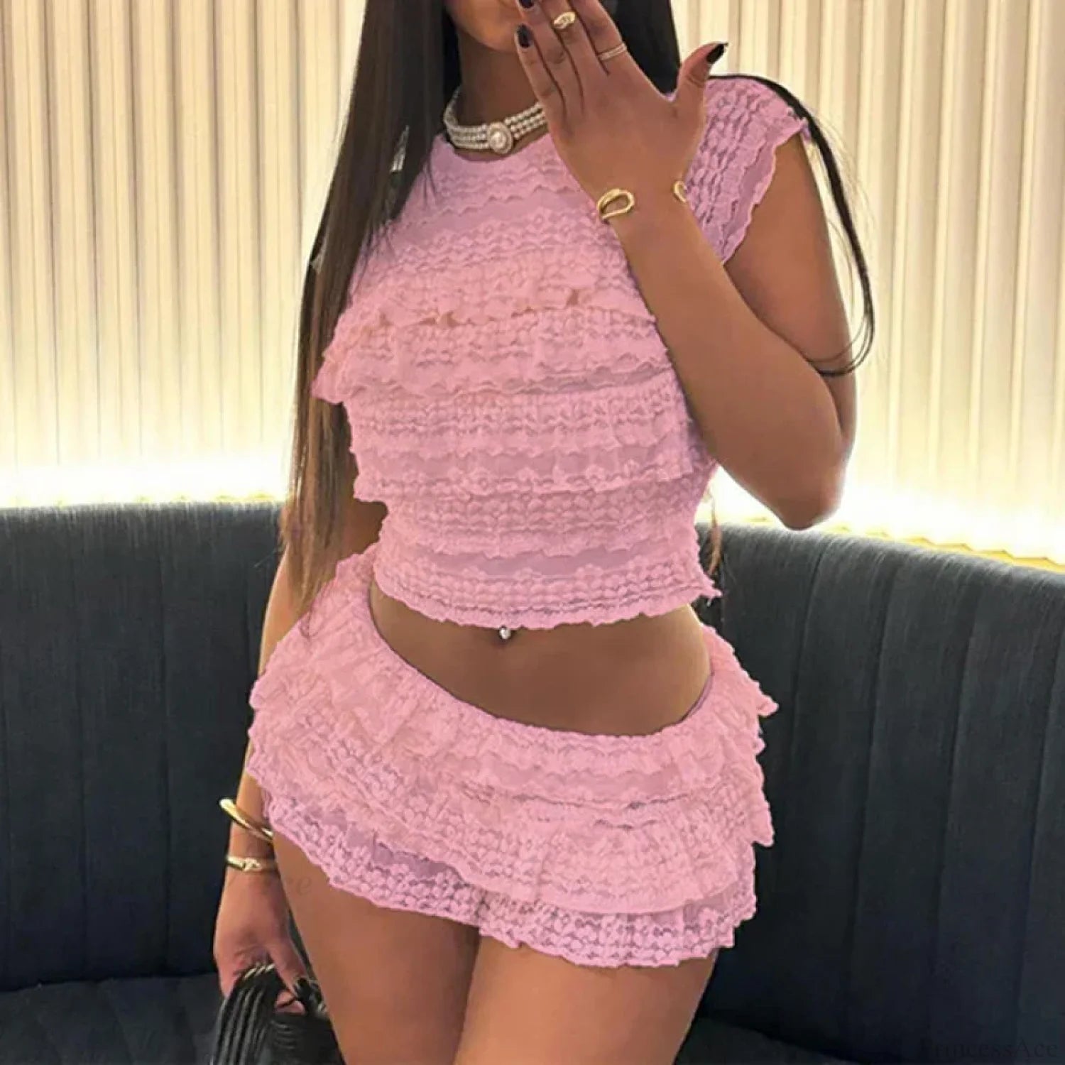 Fairy Coquette Outfits Lace Layered Ruffles Tank Tops + Mini Cake Shorts 2000s Retro Kawaii 2 Piece Set Y2K Aesthetic Crop Tops Fairy Coquette Outfits Lace Layered Ruffles Tank Tops + Mini Cake Shorts 2000s Retro Kawaii 2 Piece Set Y2K Aesthetic Crop Tops