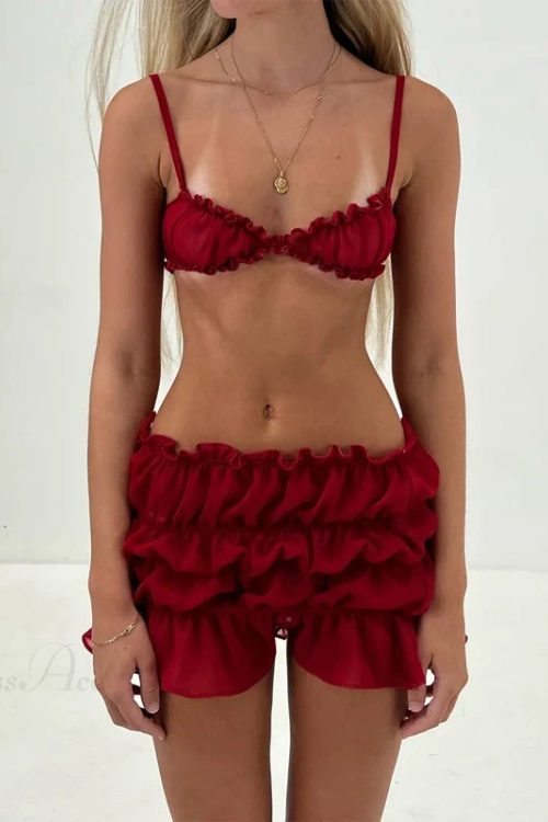 Fairycore 2 Piece Skirts Outfits Frills Spaghetti Strap Cami Crop Tops + Ruched Mini Pencil Skirt Women Y2K Vintage Streetwear