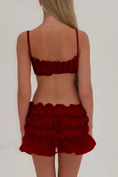 Fairycore 2 Piece Skirts Outfits Frills Spaghetti Strap Cami Crop Tops + Ruched Mini Pencil Skirt Women Y2K Vintage Streetwear