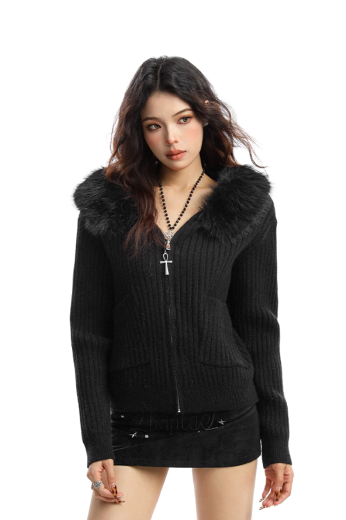 Faux Fur Zip Knit Top