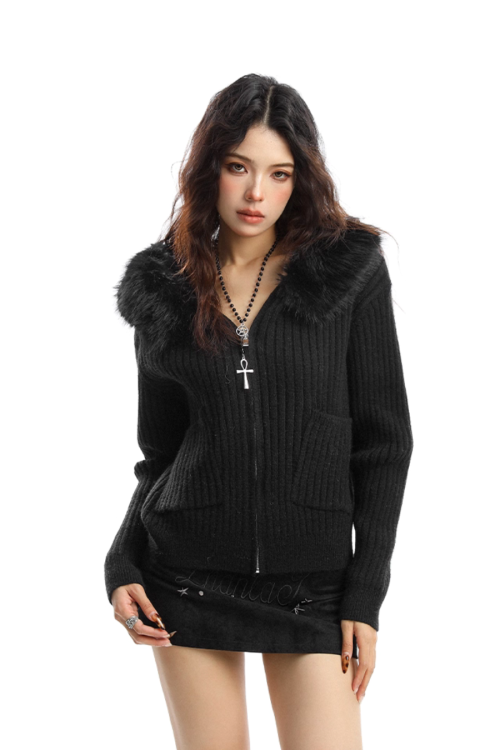 Faux Fur Zip Knit Top
