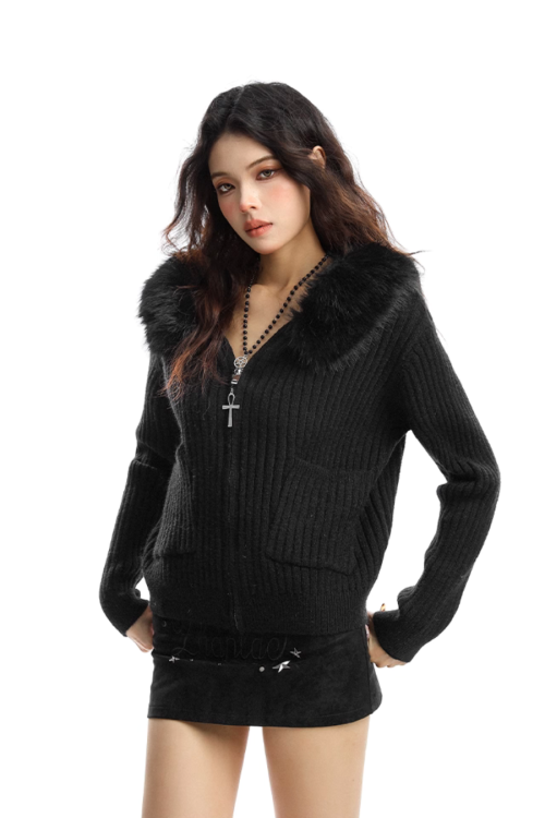 Faux Fur Zip Knit Top