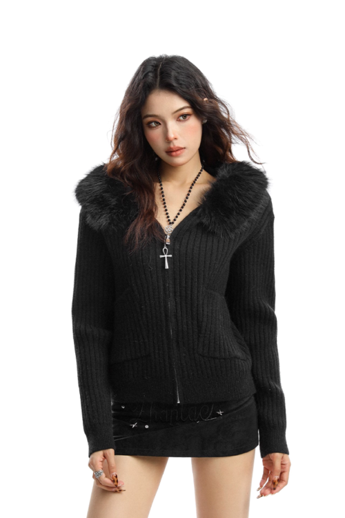 Faux Fur Zip Knit Top