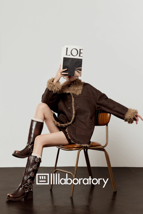 Faux Mouton Coat / Leopard Print Mini Skirt