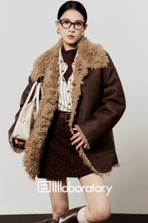 Faux Mouton Coat / Leopard Print Mini Skirt