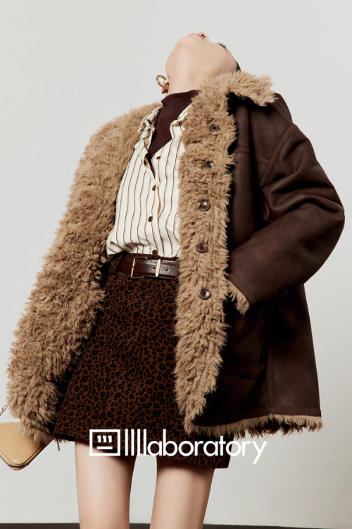 Faux Mouton Coat / Leopard Print Mini Skirt