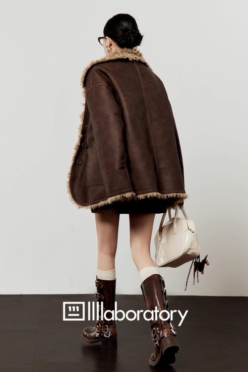 Faux Mouton Coat / Leopard Print Mini Skirt