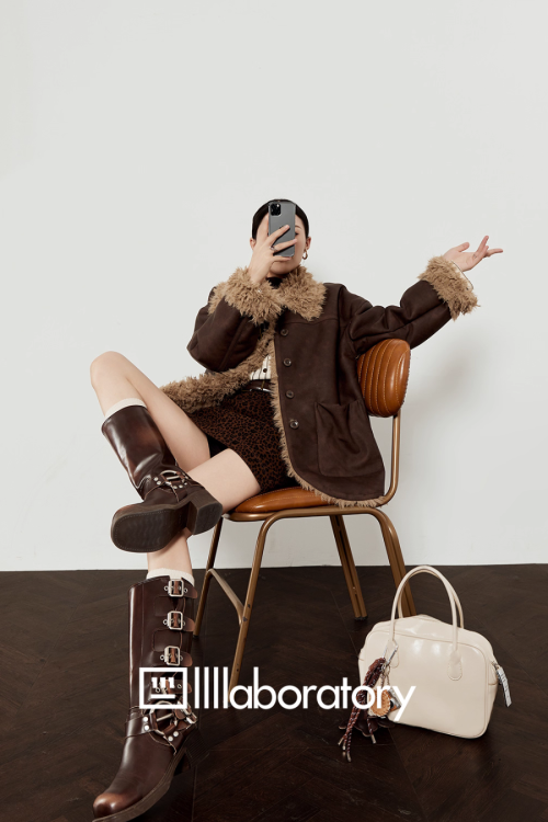 Faux Mouton Coat / Leopard Print Mini Skirt