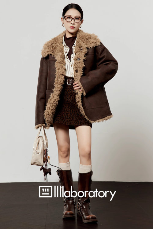 Faux Mouton Coat / Leopard Print Mini Skirt