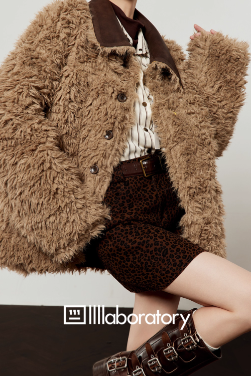 Faux Mouton Coat / Leopard Print Mini Skirt