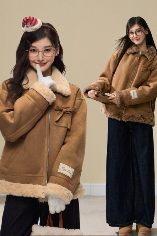 Faux Mouton Coat / Wide Denim Pants