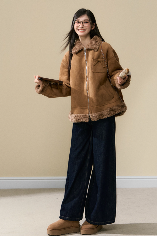 Faux Mouton Coat / Wide Denim Pants