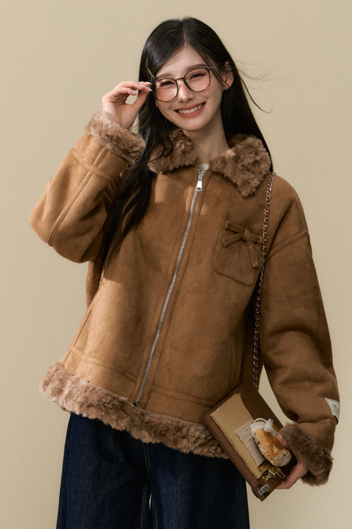 Faux Mouton Coat / Wide Denim Pants