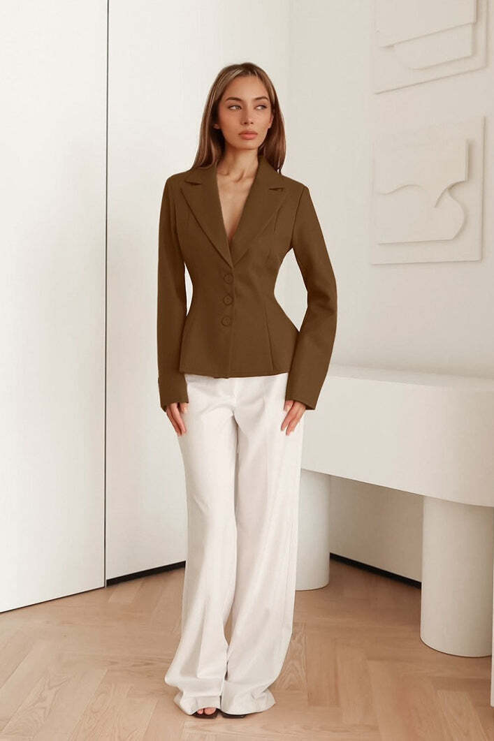 Fitted Waist V-Neck Padded Shoulder Long Sleeve Blazer Fitted Waist V-Neck Padded Shoulder Long Sleeve Blazer